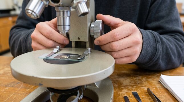 Student using microscope in science lab, scientific research and education macro close-up, educational detail, learning background