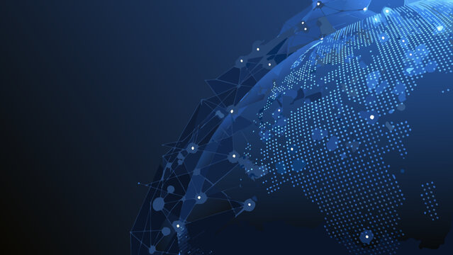 A digital globe illustration with interconnected nodes and a gradient blue background representing global networks abstract azure