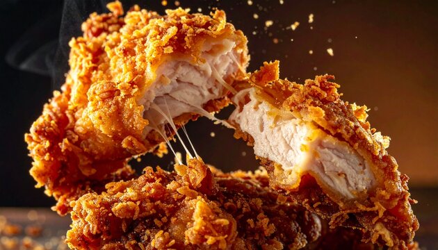 A juicy piece of fried chicken being pulled apart revealing melted cheese inside.