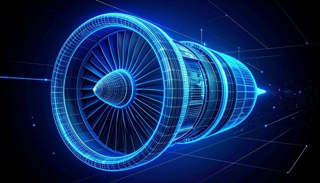 A futuristic blue jet engine glows brightly in a dark digital environment.