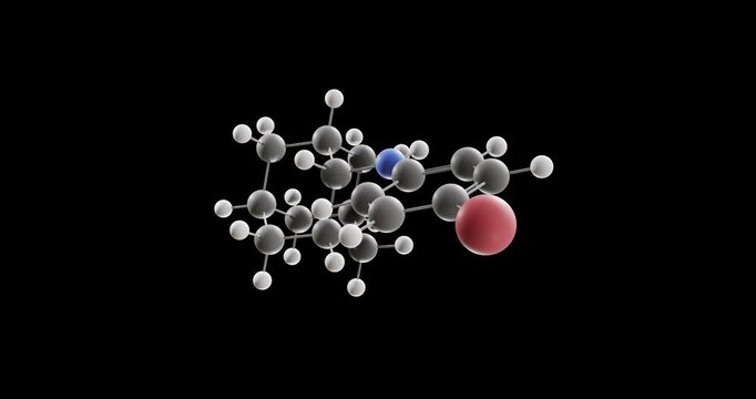 Bromantane molecule, rotating 3D model of central nervous system stimulant, looped video on a black background
