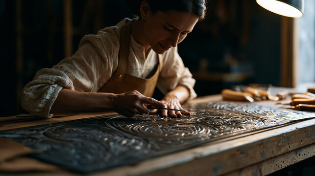 Apprentice saddler using a swivel knife to cut a flowing floral pattern into a damp stirrup leather panel under workshop lamp, bench scattered with pattern templates and edge