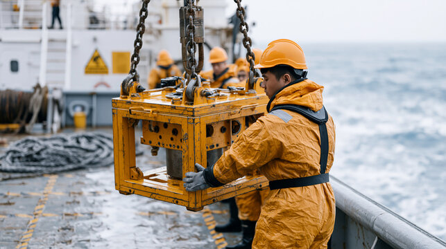 Multicultural oceanography research crew deploying a deep-sea lander instrument from a stern deck using a hydraulic winch, crew members in drysuits guiding the tethered vehicle
