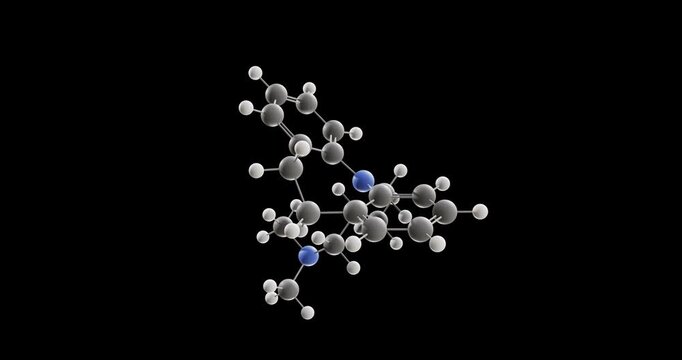 Trimipramine molecule, rotating 3D model of tricyclic antidepressant, looped video on a black background

