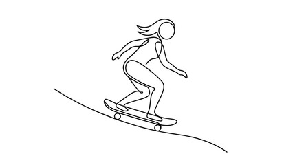 Fototapeta premium Continuous one line drawing of a woman skateboarding. Female skater riding a board. Minimalist line art illustration