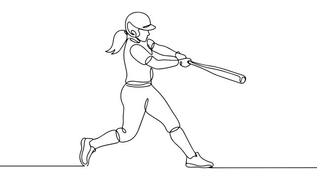 Female baseball player swinging bat. Continuous line art illustration. Minimalist sports graphic