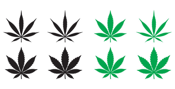 Collection of stylized marijuana leaf icons in black and green on transparent background