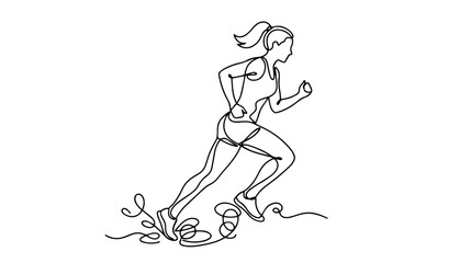 Fototapeta premium Female runner in dynamic motion. Continuous line drawing of woman jogging with abstract swirls. Minimalist fitness illustration