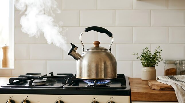 Steaming tea kettle on a gas stove in a kitchen