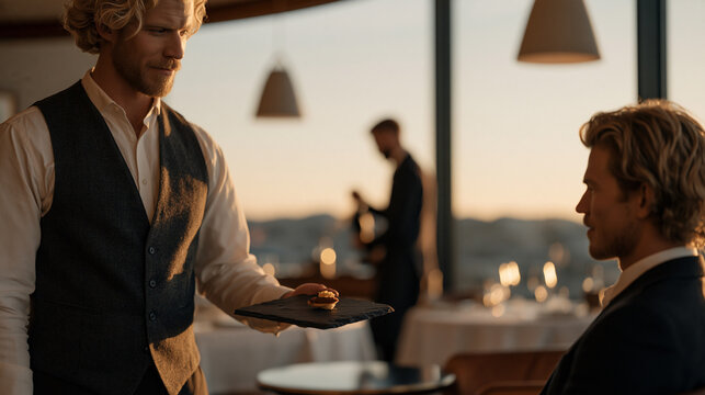 Tasting menu server presents single amuse-bouche on obsidian slate tile to solitary seated guest in sparse fine dining room at twilight, soft pendant lighting overhead, empty