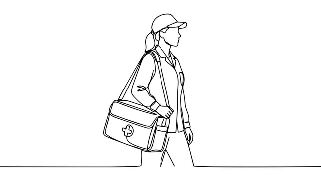 Continuous line drawing of female paramedic with medical bag. Minimalist healthcare and emergency rescue concept illustration. Single stroke outline graphic