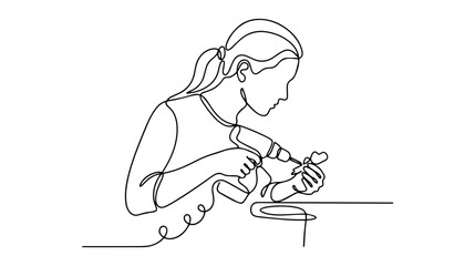 Obraz premium Woman using power drill for crafting. Continuous one line drawing illustration. Minimalist graphic DIY woodworking concept