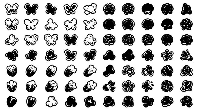 Set of black and white popcorn kernels and fluffy popped popcorn vector icons collection for cinema food branding and snack menu design elements