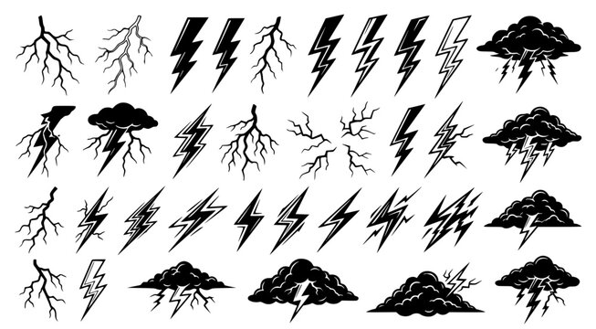 Collection of lightning bolt and thundercloud silhouettes for weather and storm-related graphic design