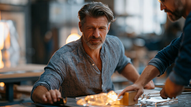 Master glassblower in a studio furnace room gathering molten glass on a blowpipe, assistant steadying a wooden block tool nearby, reverberation heat shimmer visible in the air,