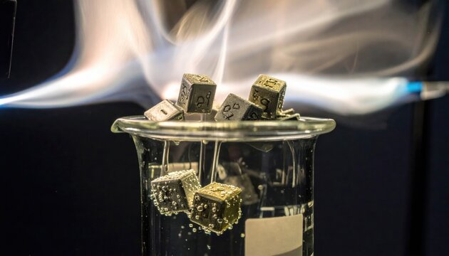 Potassium metal cubes submerged in mineral oil reacting with intense flames and smoke in a laboratory beaker