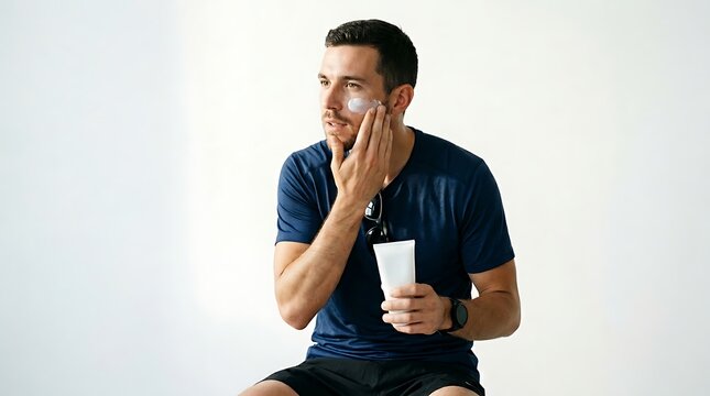 Young man applying sunscreen or moisturizer on his face isolated on white background