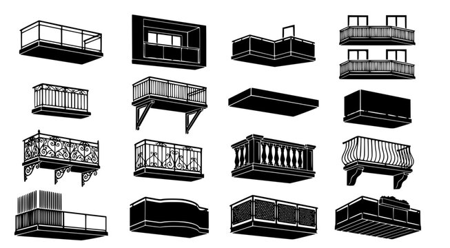 Set of architectural balcony designs and railings in black silhouette style for building construction and real estate presentation graphics