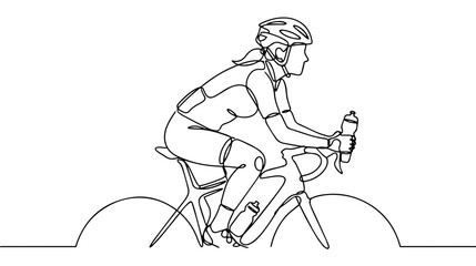 Fototapeta premium Continuous one line drawing of a female cyclist riding a bicycle. Minimalist line art illustration of a woman on a road bike holding a water bottle