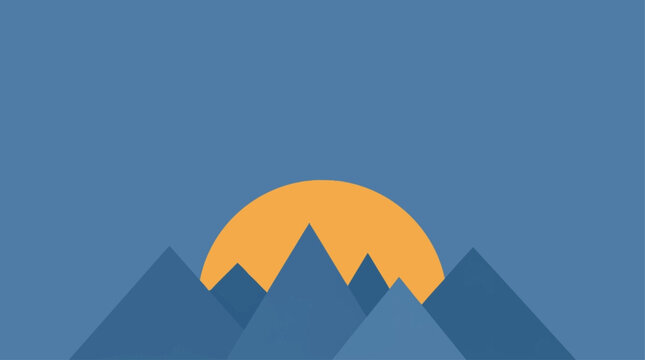 Minimalist flat design landscape illustration showcasing stylized blue mountain peaks and a radiant orange sun rising in a tranquil blue sky, ideal for modern digital backgrounds