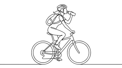 Fototapeta premium Woman riding bicycle and drinking water. Outdoor cycling and hydration concept. Continuous line art illustration