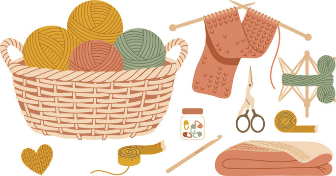 Cozy knitting and crochet craft hobby vector illustration set featuring yarn basket, knitting needles, scarf, scissors, measuring tape, and handmade blanket.