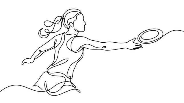 Female athlete throwing discus or frisbee continuous line drawing. Sports and recreation concept. Minimalist vector illustration
