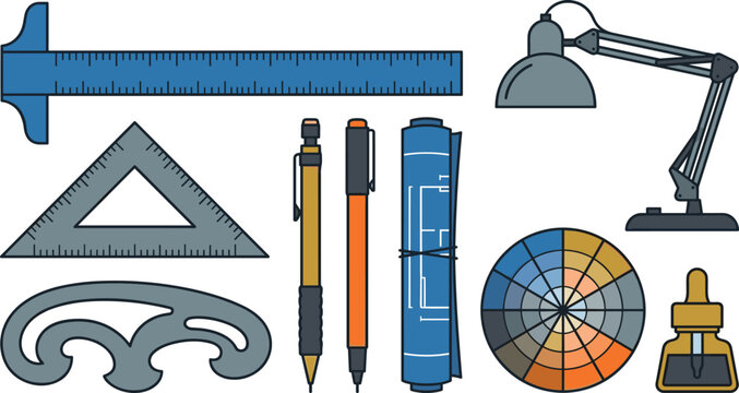 Architecture drafting and engineering design tool vector illustration set featuring blueprint scroll, t-square ruler, desk lamp, color wheel, and technical pens.