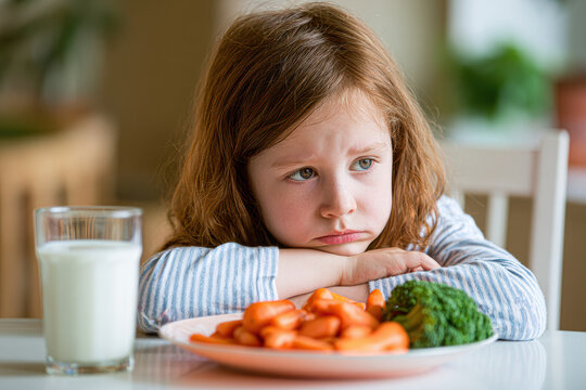 A sad young girl rests her chin on her arms, looking at a plate of carrots and broccoli with a glass of milk beside it, appearing reluctant to eat her healthy meal.