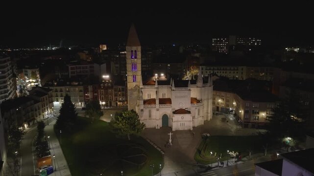 Aerial drone view of  La Antigua Church and city center of Valladolid,  Spain