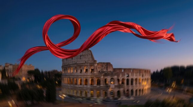 China national day celebrations with red fabric and colosseum architecture