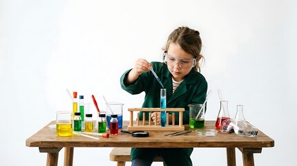 Fototapeta premium Little girl scientist doing chemistry experiments with test tubes and colorful liquids isolated on white background