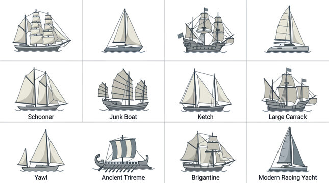 Sailing ships and boats illustrations.