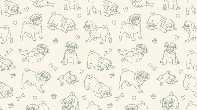 Adorable seamless pug puppy pattern featuring charming small dog breed with expressive funny canine faces, loyal domestic pet friend illustration on minimalist background for textile design.