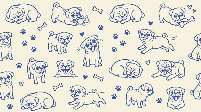Seamless pattern featuring adorable pug puppy head with funny canine expression and cute dog face on simple background ideal for loyal pet lover and unique textile design.