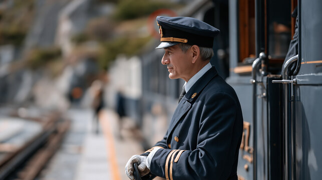 Train engineer coupling inspection of a narrow-gauge tourist railway locomotive at a mountain station platform, indicator lamps checked, heritage livery on the coach behind,
