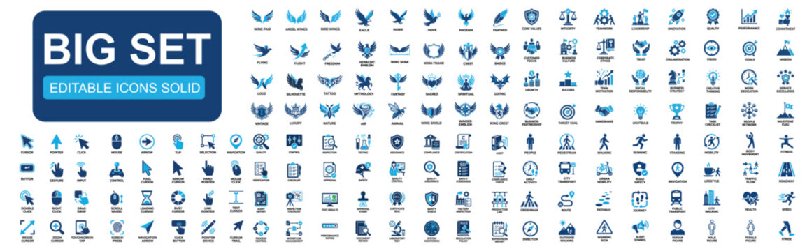 Mega icon set of business values, human activity, quality control, wings, cursor interface, leadership, pedestrian mobility, compliance, UI navigation solid icons collection. Vector illustration