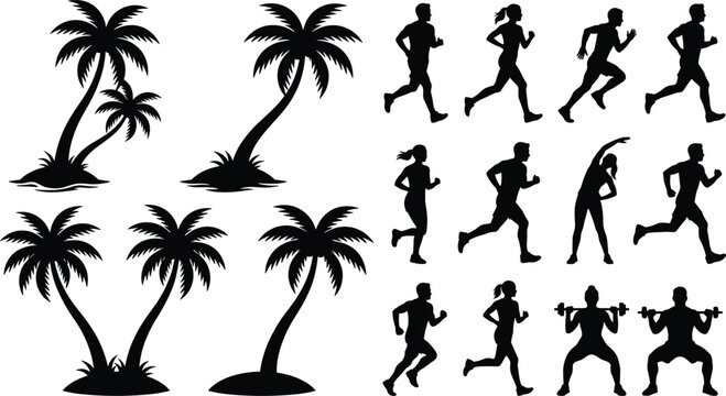Tropical fitness lifestyle silhouettes set with palm trees and people running jogging and weightlifting vector elements