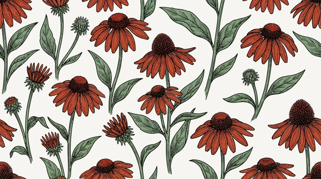 Elegantly hand-drawn echinacea coneflower botanical sketch pattern featuring minimalist floral line art illustration for clean organic garden design background aesthetic.