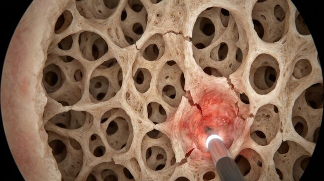 Porous bone examine: osteoporosis treatment, bone density, fracture repair, medical procedure, fragile structure, cellular damage, internal view, skeletal problem.