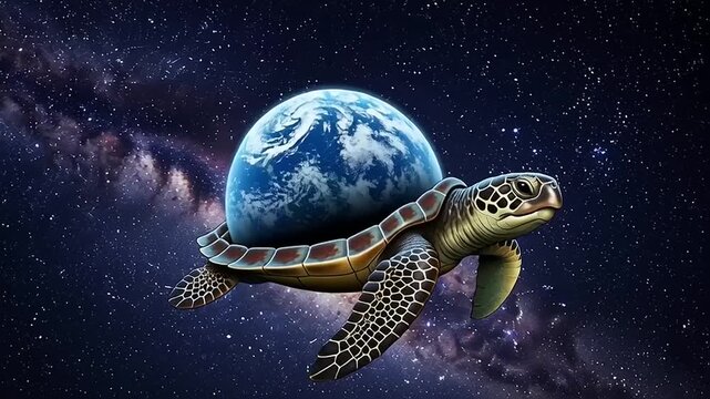 Turtle Swimming in Space with Earth.