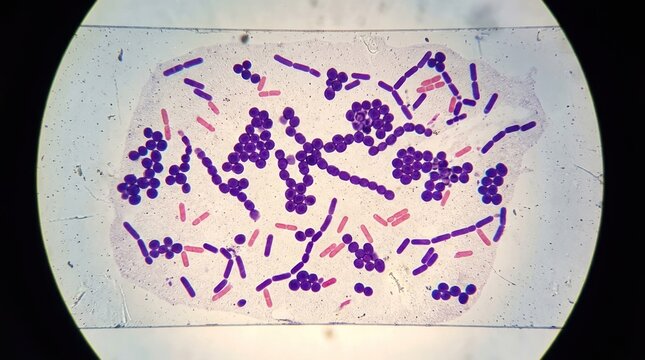 Microscopic view of bacteria and yeast cells under a microscope. The bacterial concept of microorganisms and their diversity.