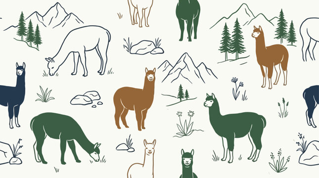Elegant minimalist seamless pattern featuring hand-drawn llama and alpaca sketches among stylized mountain peaks and nature elements, clean wildlife art illustration for textile design wallpaper.