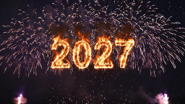 Fireworks Display with '2027' in Flames for New Year Celebration