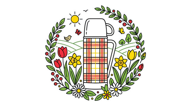 Plaid vacuum flask with spring flowers and nature elements