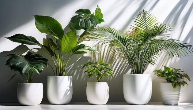 Green Plants In White Pots Casting Shadows On White Surface
