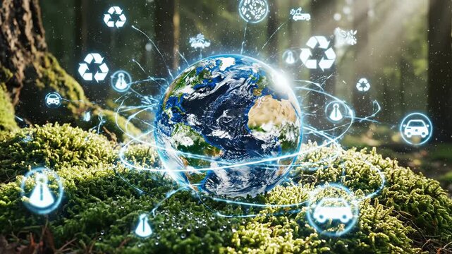 Digital Earth Globe with Eco Icons Floating in Sunlit Forest Moss &ndash; Sustainability and Green Technology Concept