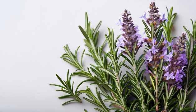 Fresh Rosemary Herb With Delicate Purple Flowers On A Light Background