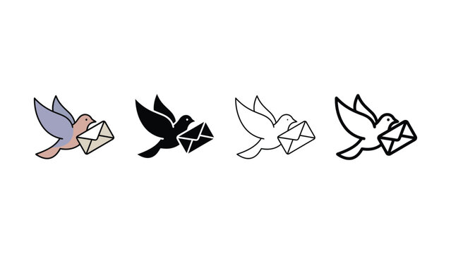 Four different colored dove icons carrying envelopes in flight  communication symbols