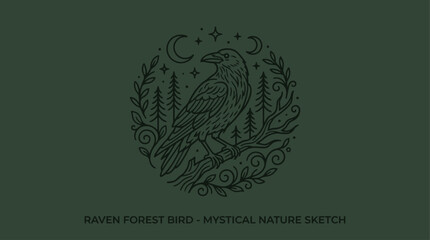 Naklejka premium Minimalist Sketch of a Mystical Raven Bird Perched in a Dark Enchanted Forest, Clean Wildlife Illustration Featuring Ethereal Nature Element and Artistic Gothic Crow Silhouette